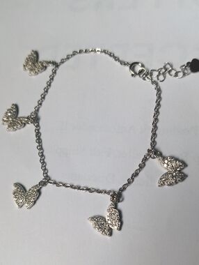 Sterling Silver Butterfly Charm  Bracelet. CZs  & Sparkling Dainty Chain, New,